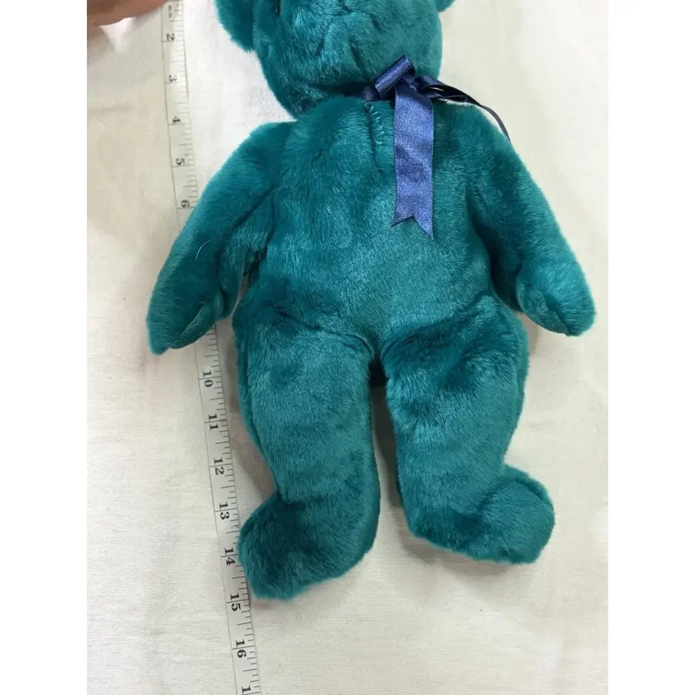 VTG Ty Beanie Buddies Teal Teddy Bear Blue Ribbon Plush 14” Stuffed Animal 1990
